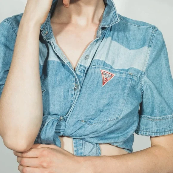 GUESS | Denim Cropped Tie-Front Shirt - Picture 7 of 7